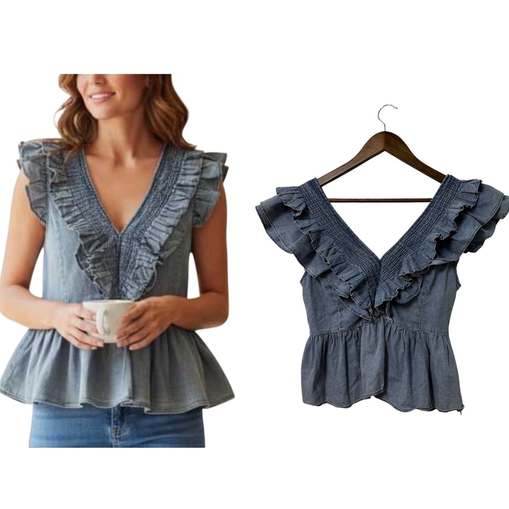 Mare Mare x Anthropologie Top Women XS Blue Denim Ruffle Smocked Peplum V-Neck